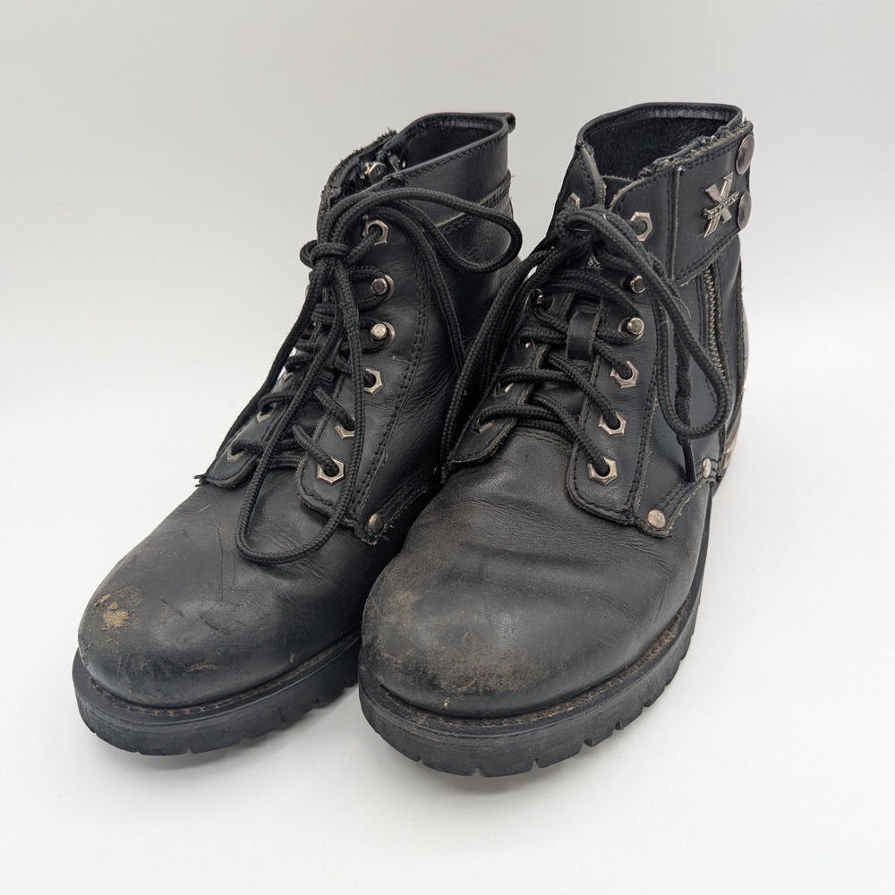 Xelement Mens Black Leather Biker Boots Side Zip Lace Up Oil Resistant Size 10M